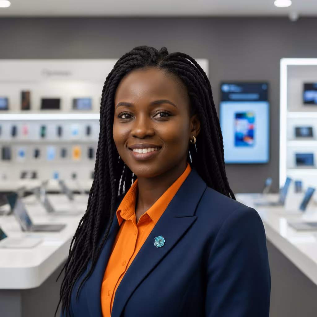 Smiling woman with long braided hair wearing an orange shirt and navy blazer in a tech store.