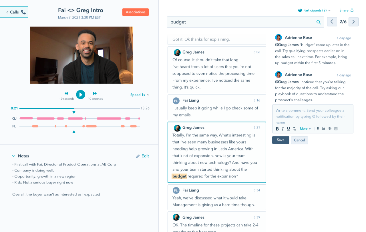 A screenshot of conversation intelligence feature