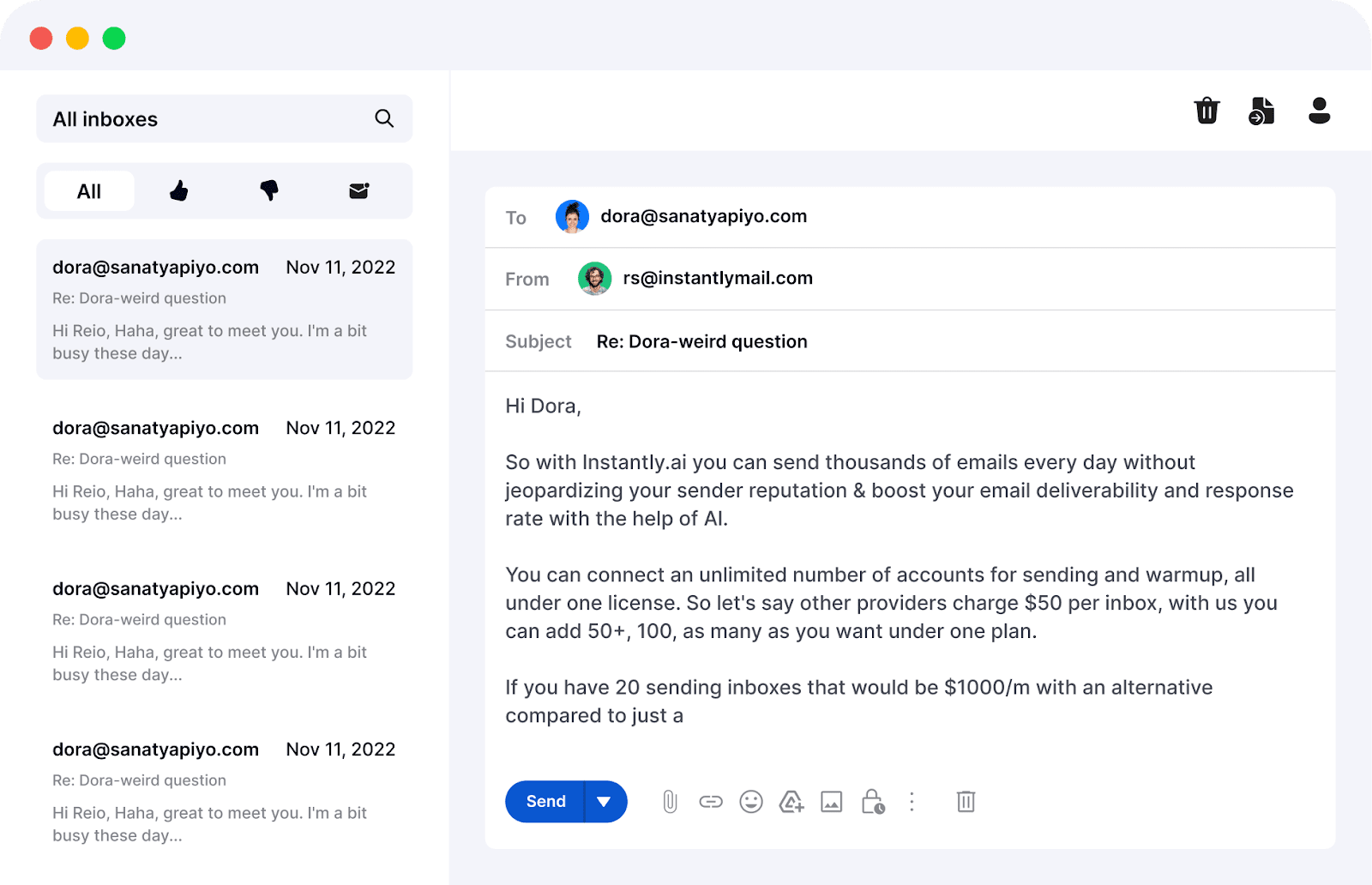 An image of Instantly's artificial intelligence capabilities that helps teams reach out to more leads