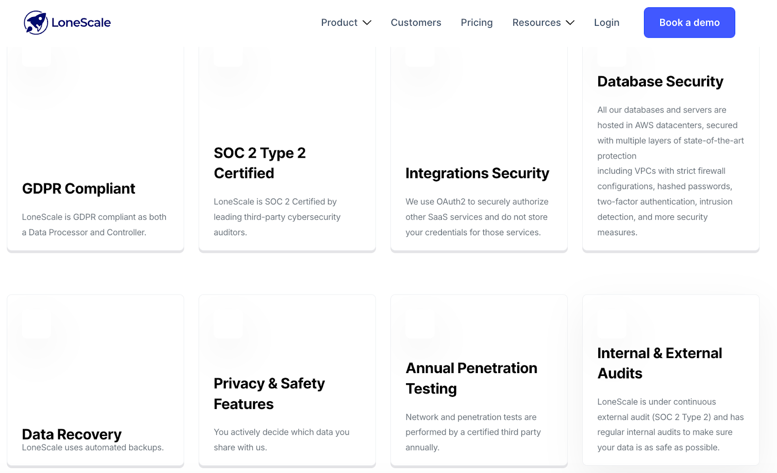 Screenshot of LoneScale’s security and compliance features including GDPR compliance, SOC 2 Type 2 certification, OAuth2 integration security, AWS-based database security, automated data recovery, privacy controls, annual penetration tests, and internal and external audits.