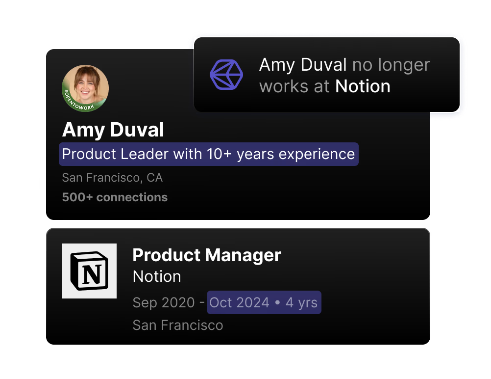 Screenshot showing a Crustdata-style job-change alert: a profile for Amy Duval with past role at Notion and a notification indicating she no longer works at the company.
