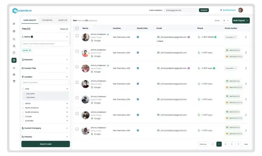 Screenshot of the LeadCRM Chrome extension interface displaying LinkedIn lead search filters, enriched contact data, CRM integration panel, and options to extract leads for multichannel outreach