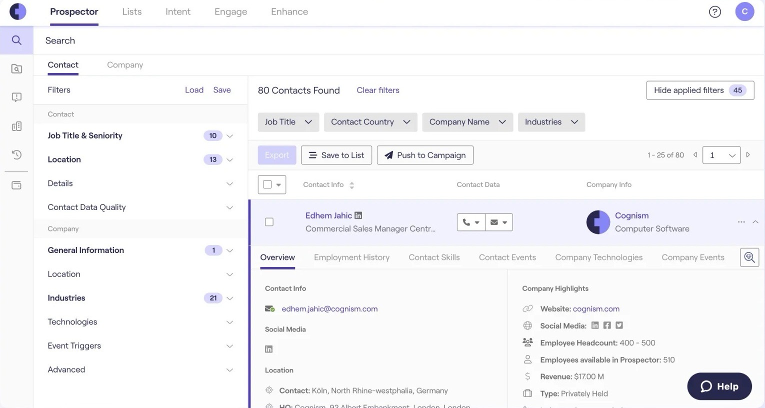 Cognism Prospector interface displaying contact and company filters, verified email and phone data, and enrichment options for targeted lead generation