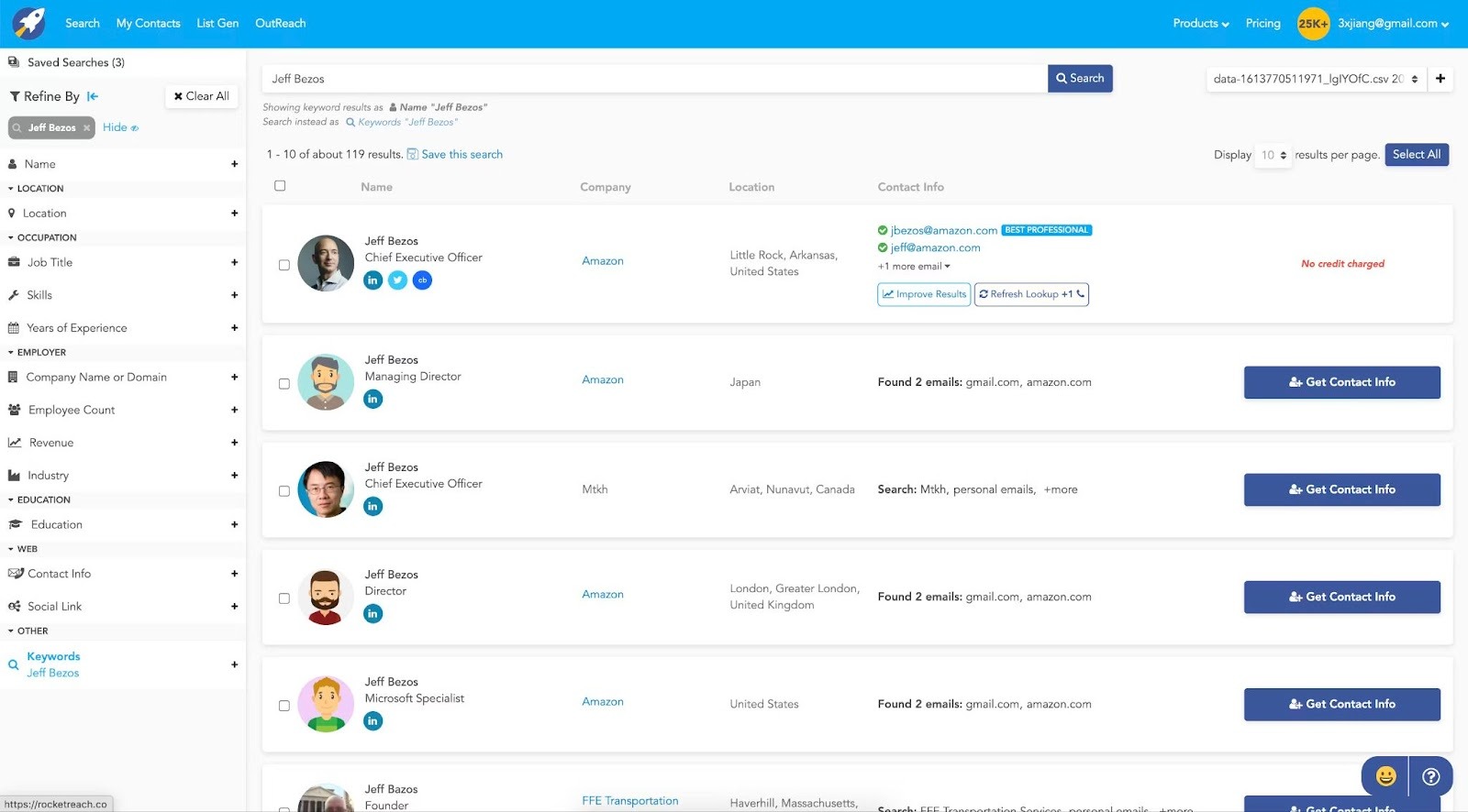 RocketReach platform interface displaying contact search results from a large-scale database, supporting data retrieval, technographic data, and improved customer interactions