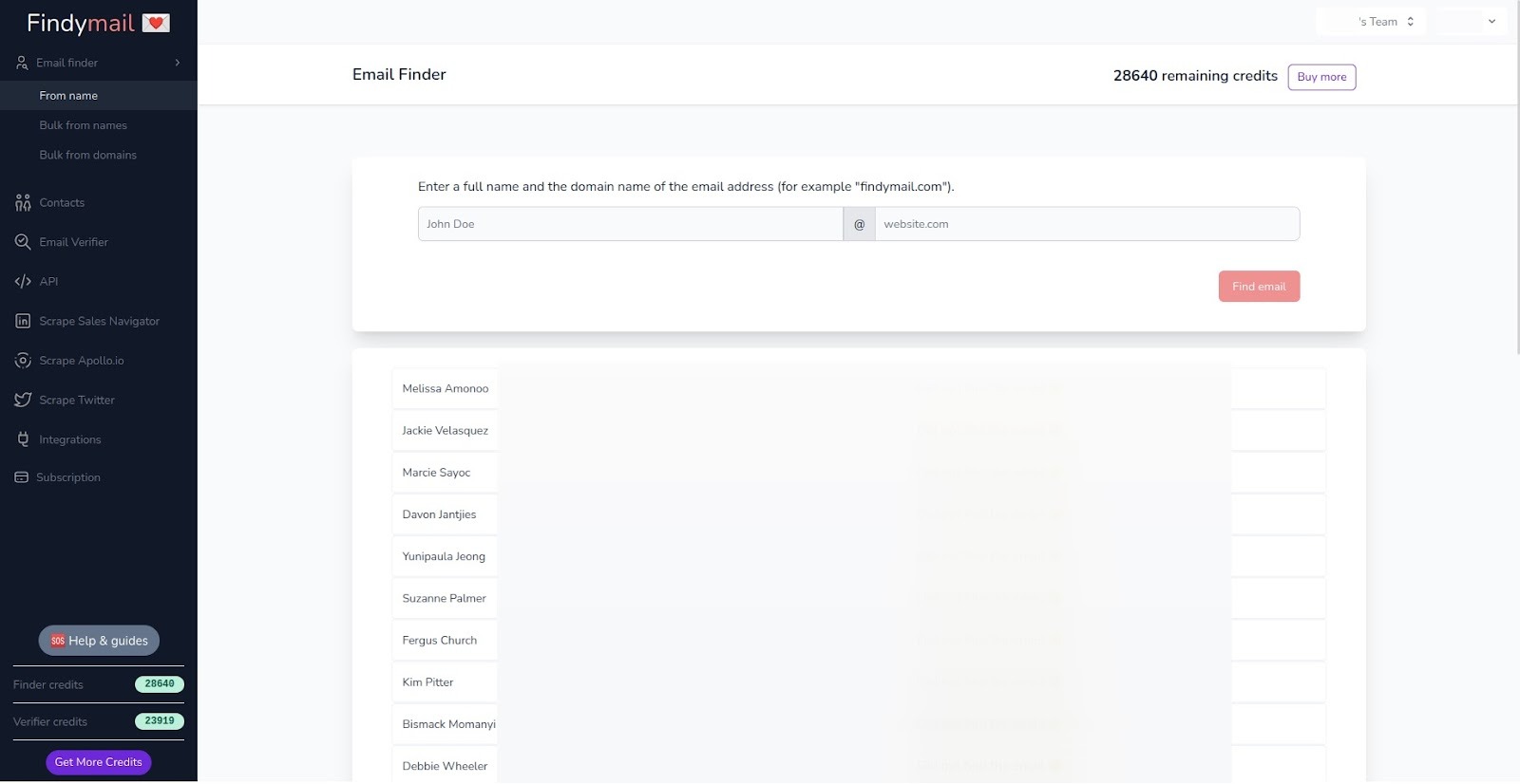 Screenshot of Findymail’s email finder interface showing options to search by name and domain, view results, track remaining credits, and access bulk enrichment tools and API integrations