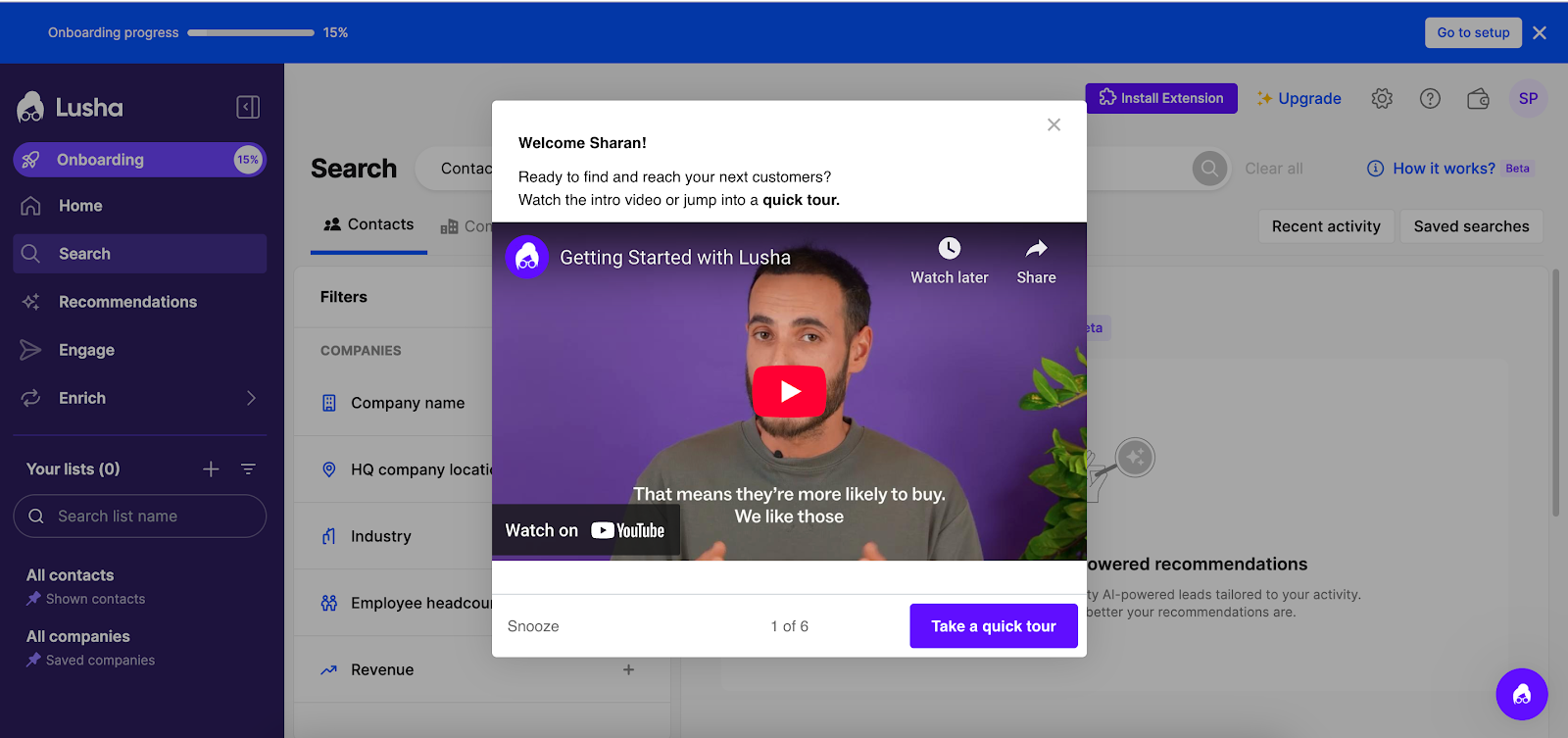 A screenshot of Lusha's onboarding tour