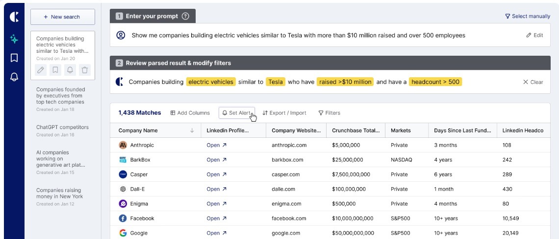 Crustdata interface displaying company search results by funding, industry, and company size for lead enrichment across different providers