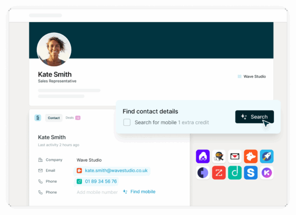 Sales rep profile view showing verified emails, phone numbers, and company information enriched in real time for sales teams.