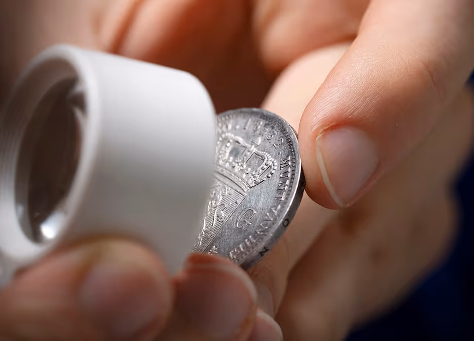 Numismatisk expert undersöker ett mynt