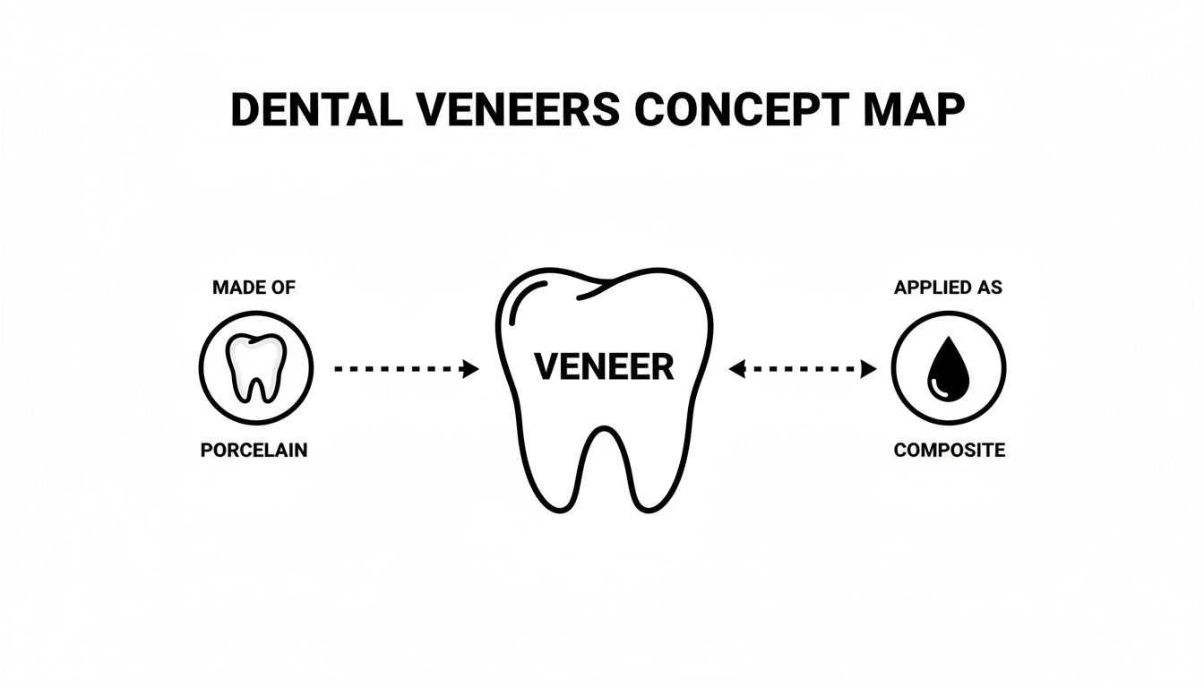 A concept map illustrating dental veneers, showing they are made of porcelain or applied as composite material.