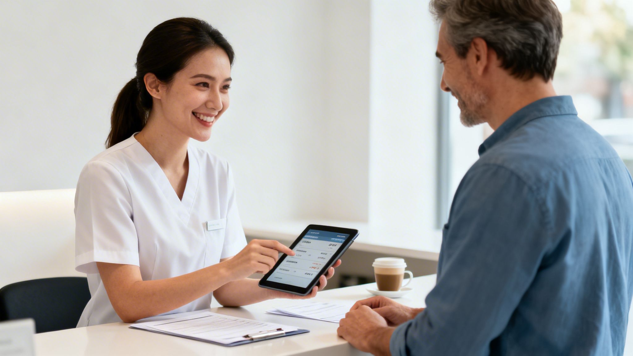 Smiling female healthcare professional showing a tablet with information to a male patient.