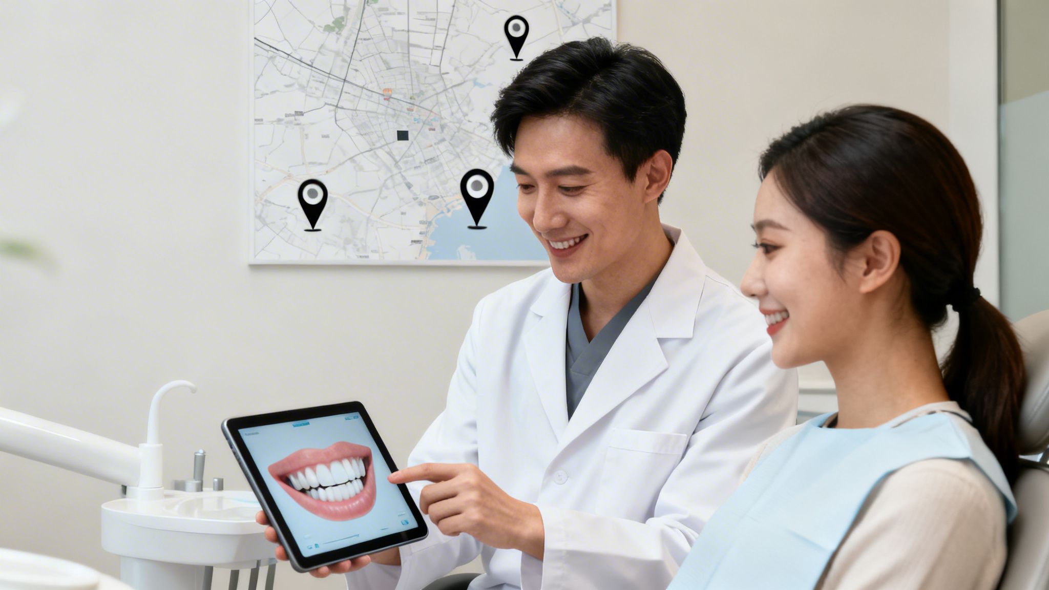A smiling dentist shows a patient an image of perfect teeth on a tablet in a clinic.