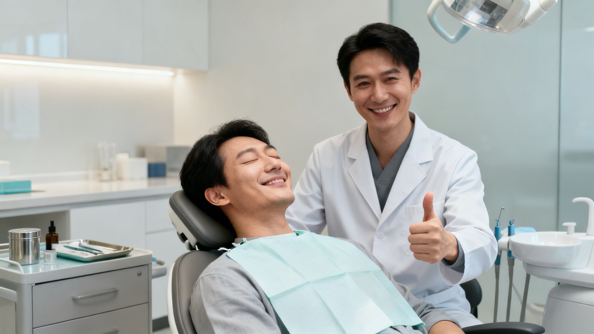 A smiling dentist gives a thumbs-up next to a relaxed, happy male patient in a dental chair.