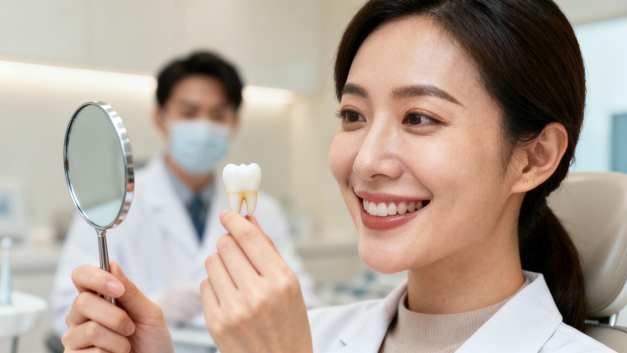 Smiling woman holding a mirror and a dental tooth model with a dentist in the background.