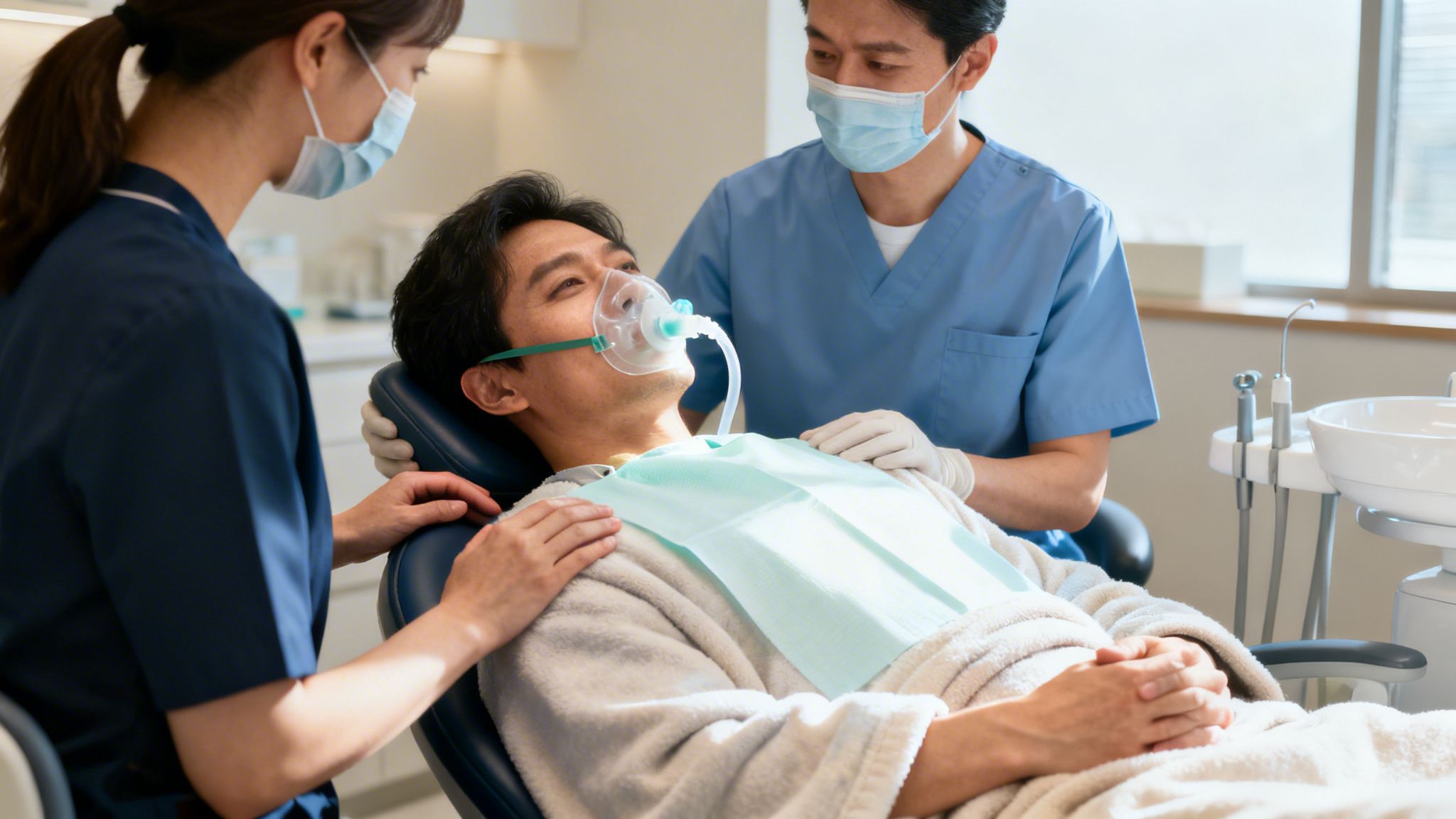 An anxious male patient receiving dental sedation with oxygen, assisted by a dentist and a nurse.