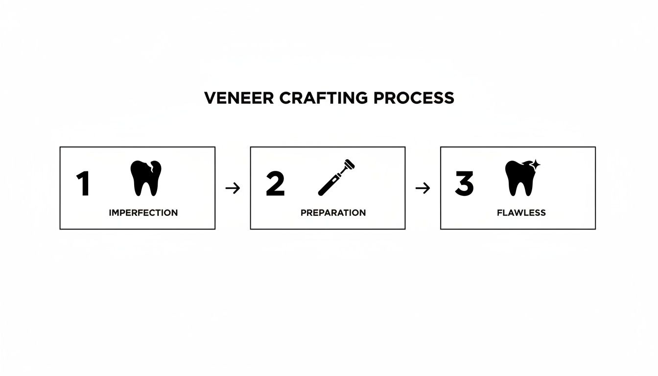 A visual guide to the veneer crafting process, from an imperfect tooth to a flawless smile.