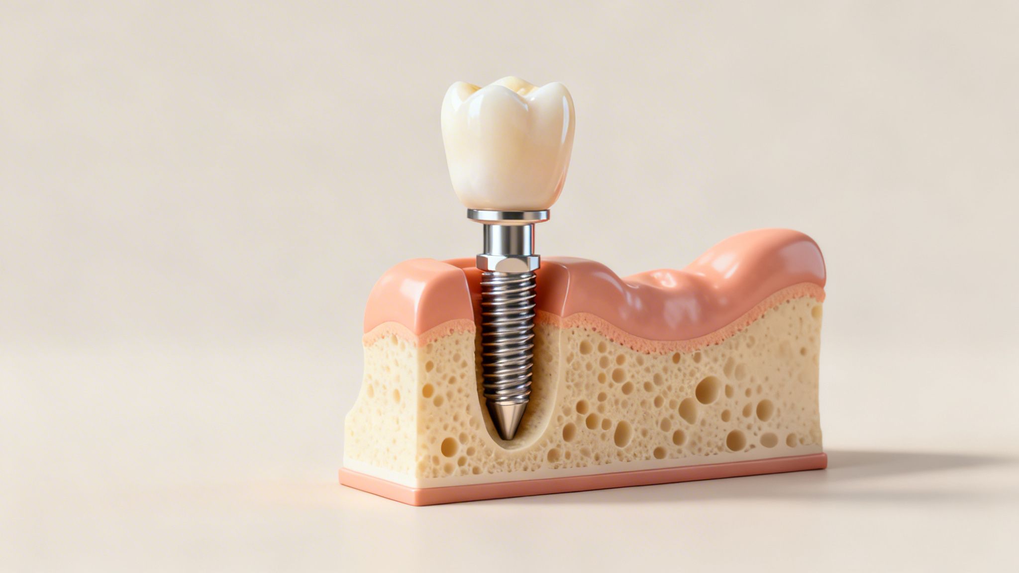 A detailed 3D model demonstrating a dental implant, showing the crown, abutment, and screw integrated into jaw bone and gum tissue.