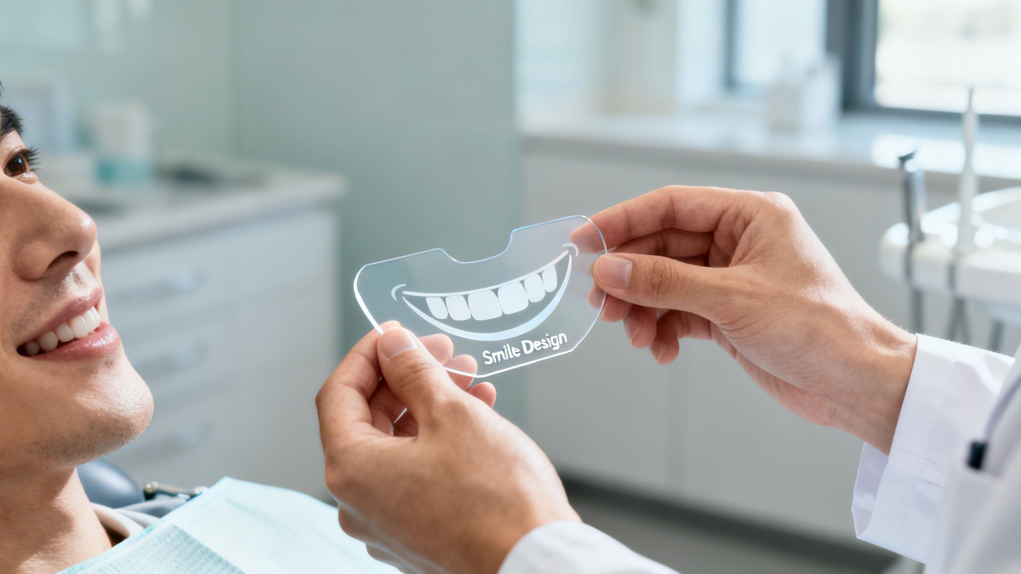 Dentist shows a male patient a clear smile design template for cosmetic dentistry.