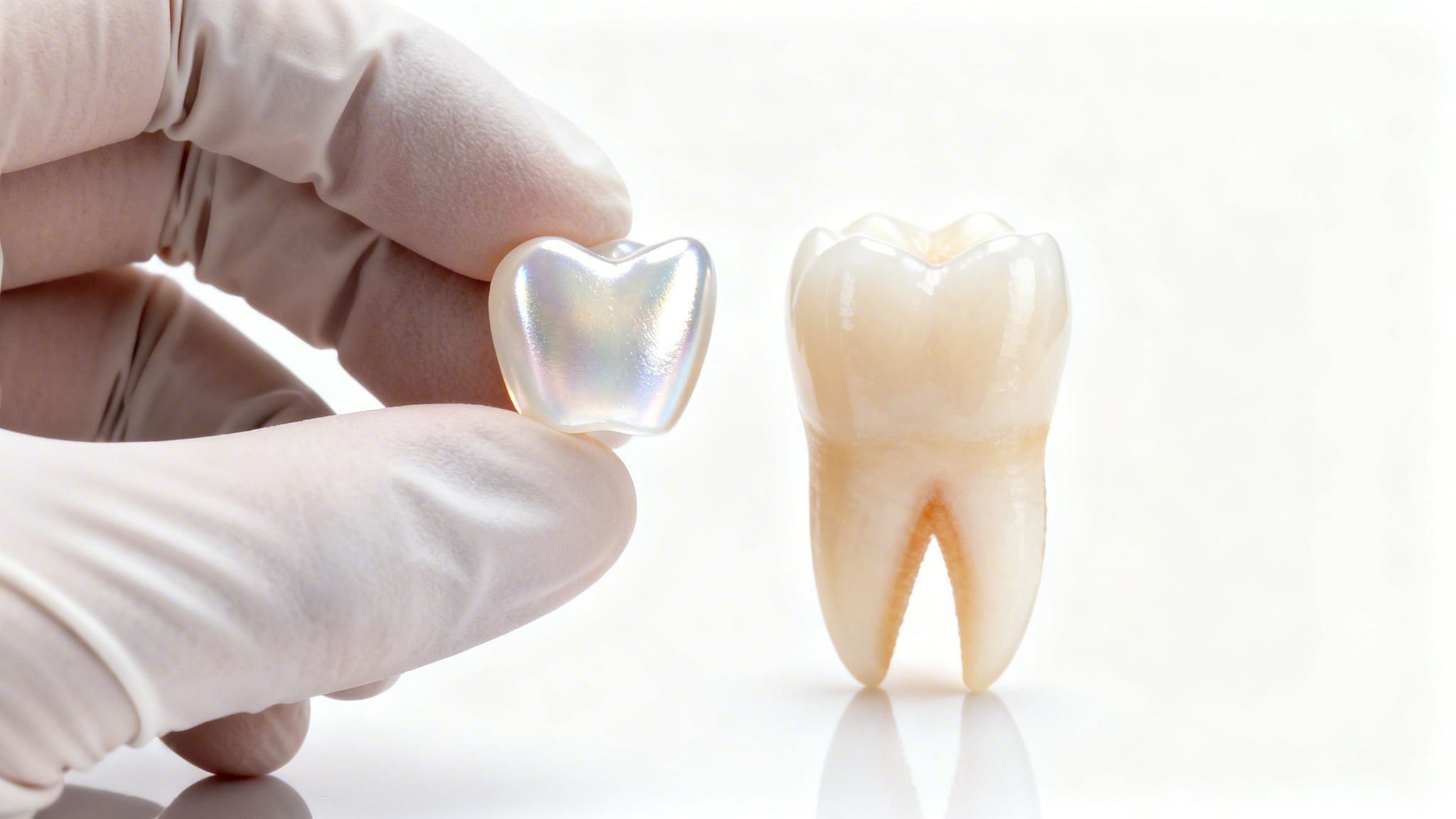 Gloved hand holding a pearlescent dental crown next to a realistic tooth model.