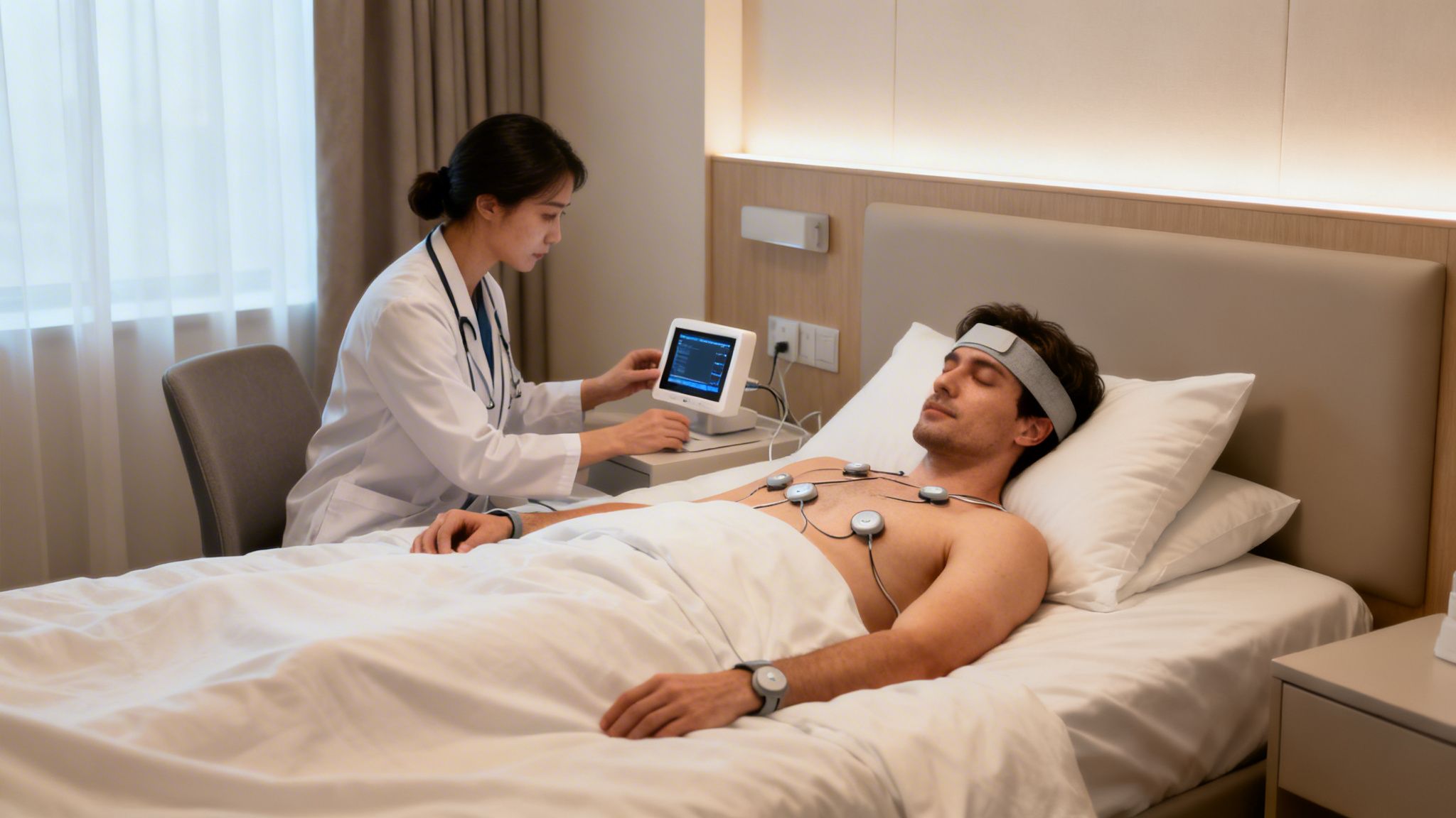 A female doctor monitors a male patient undergoing a sleep study with sensors in a hospital room.