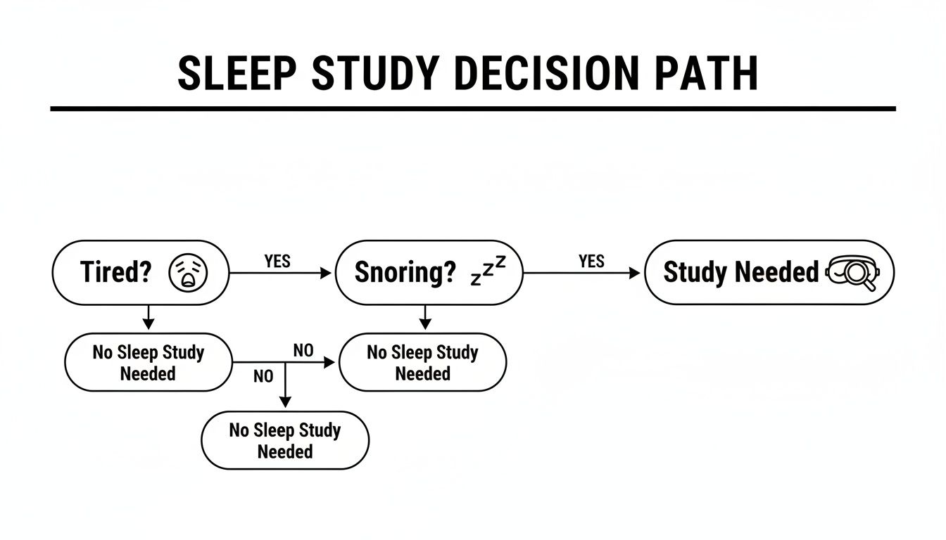 Flowchart for sleep study decision path based on tiredness and snoring symptoms.