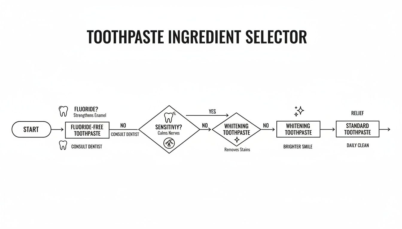 A flowchart guiding users through selecting the right toothpaste based on fluoride, sensitivity, and whitening needs.