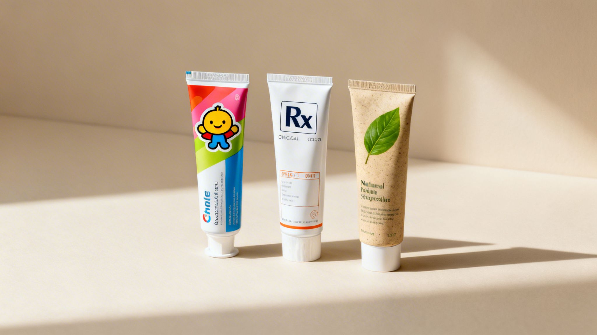 Three diverse toothpaste tubes, one colorful for kids, one white clinical, and one natural with a leaf, stand upright.