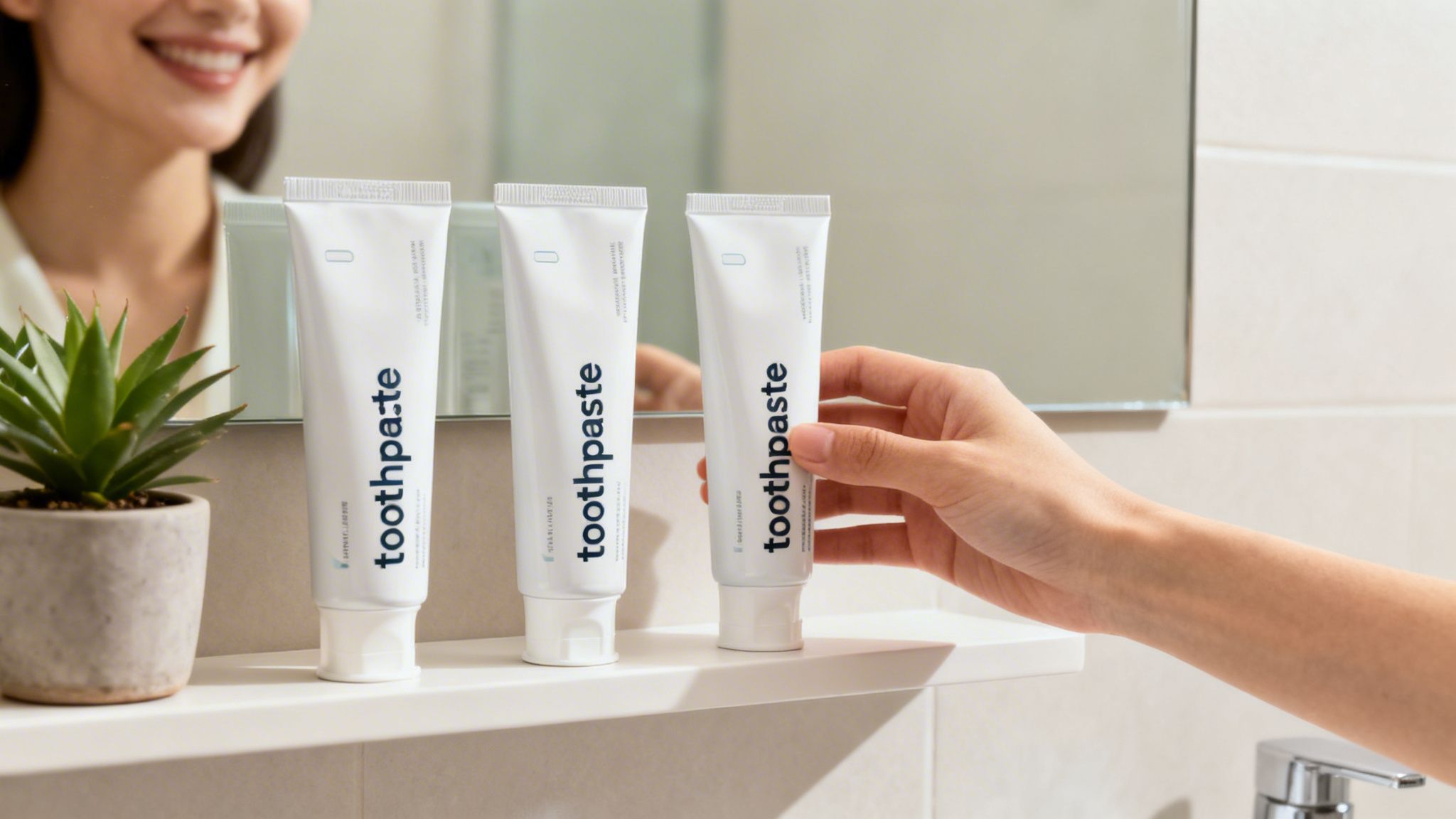 A hand reaches for a white toothpaste tube on a bathroom shelf, with a plant and mirror reflection.