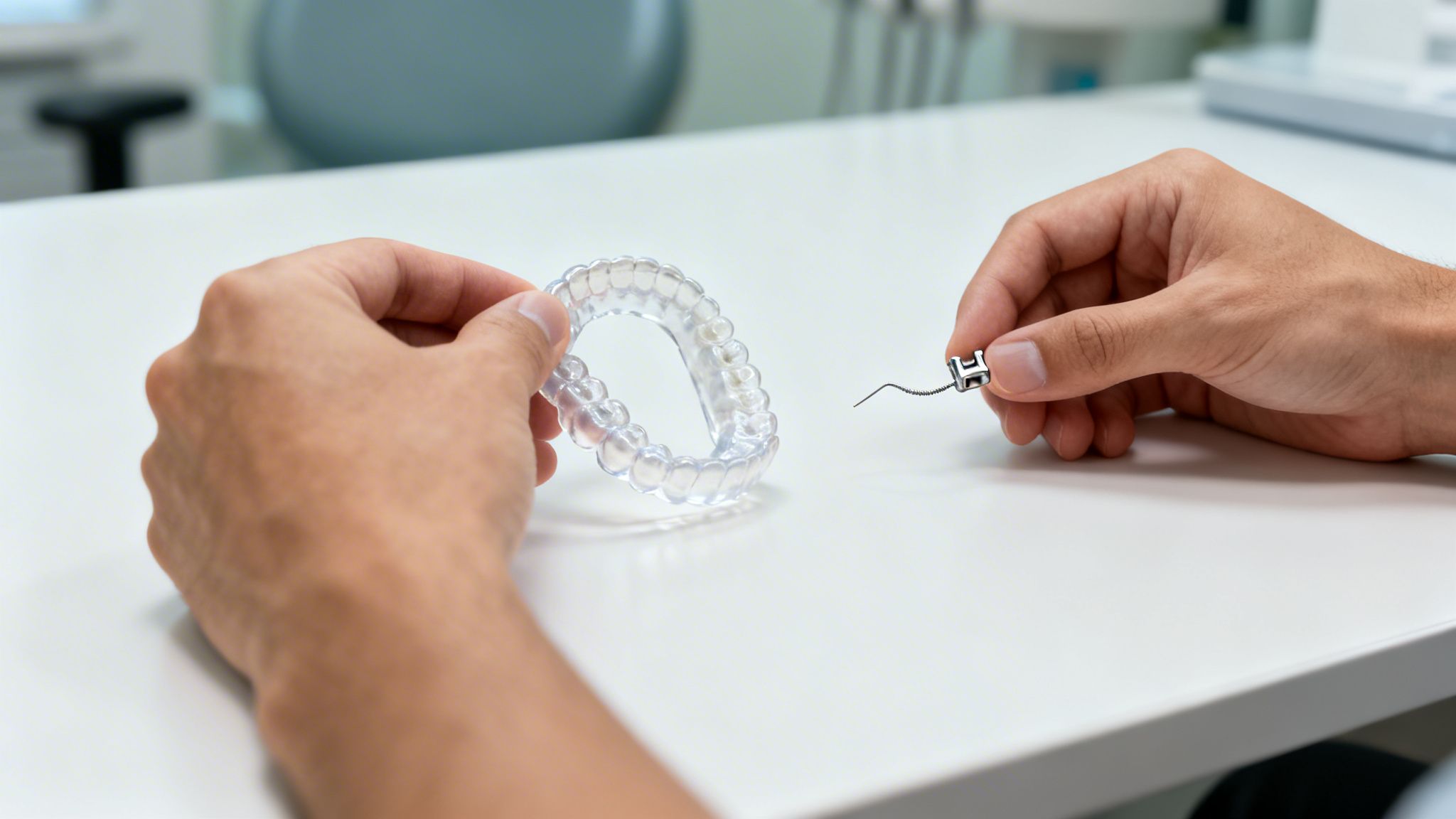 A person's hands comparing a clear dental aligner with a traditional metal brace.