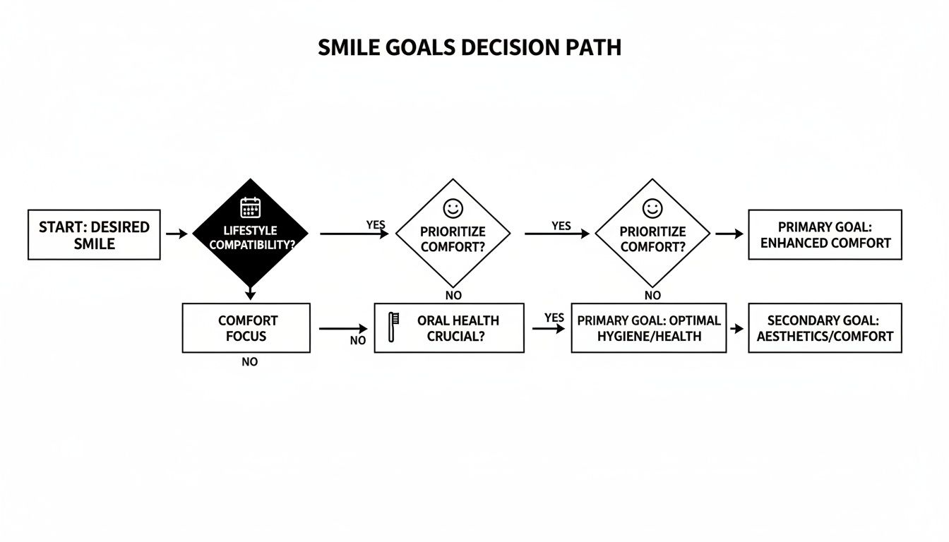 Flowchart outlining a smile goals decision path, considering lifestyle, comfort, and oral health priorities.