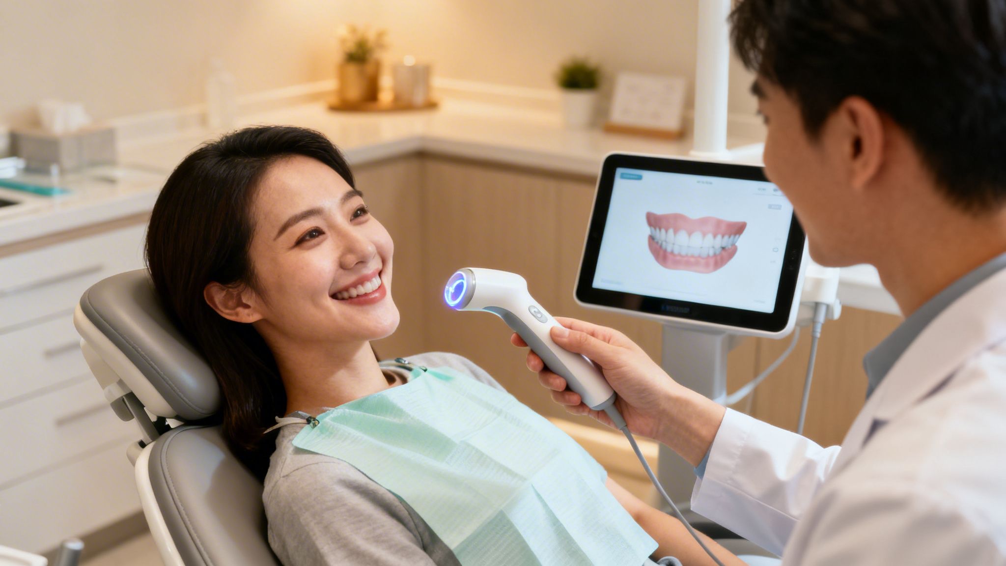 A smiling patient in a dental chair getting her teeth scanned by a dentist with a digital intraoral scanner.