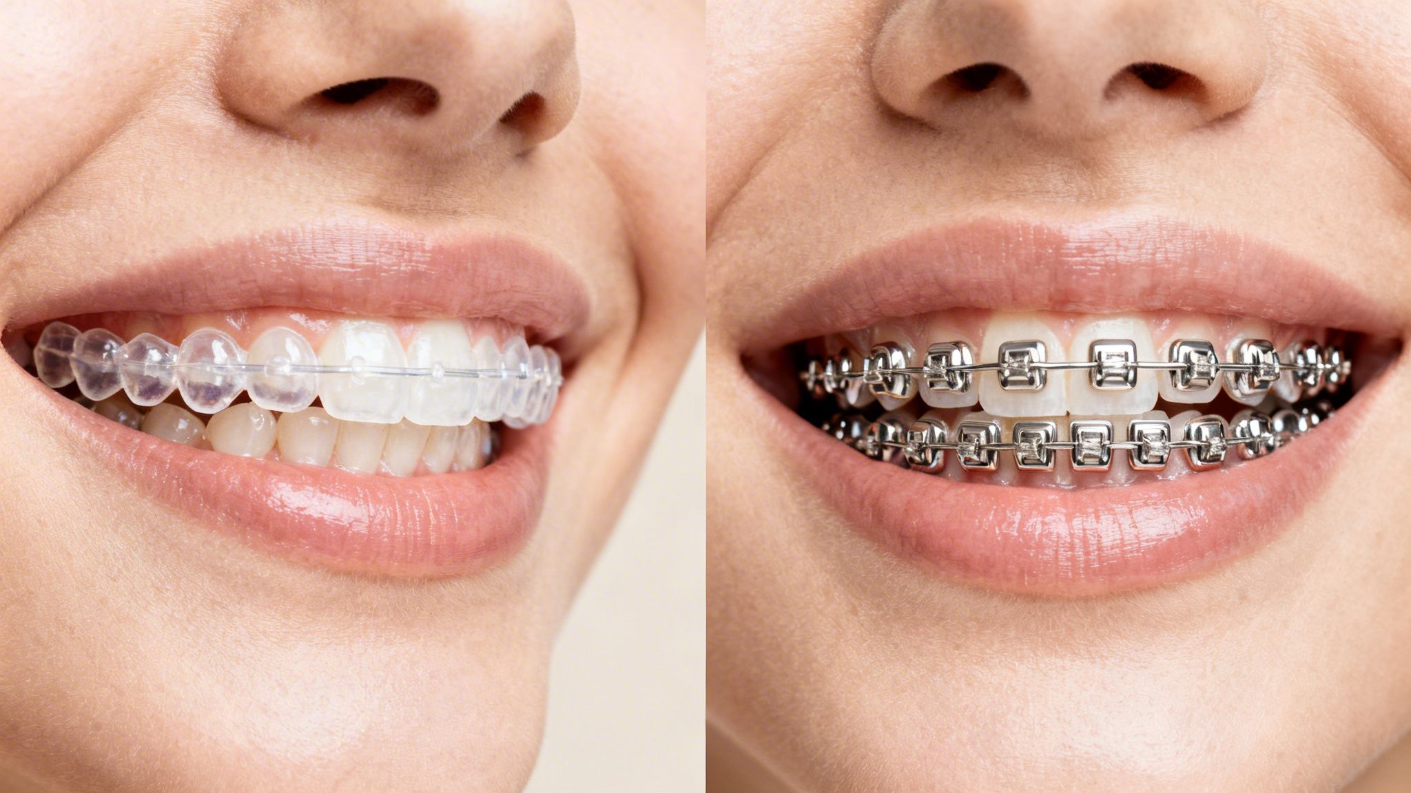 Close-up of a person's smiling mouth showing clear aligners and traditional metal braces.