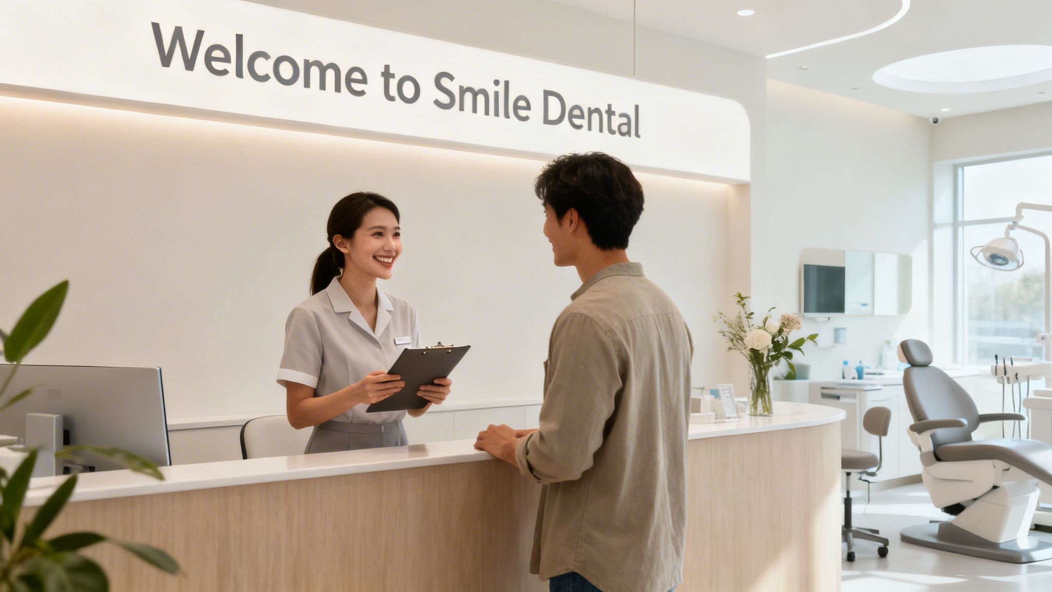 A friendly receptionist at Smile Dental greets a male patient at the modern front desk.