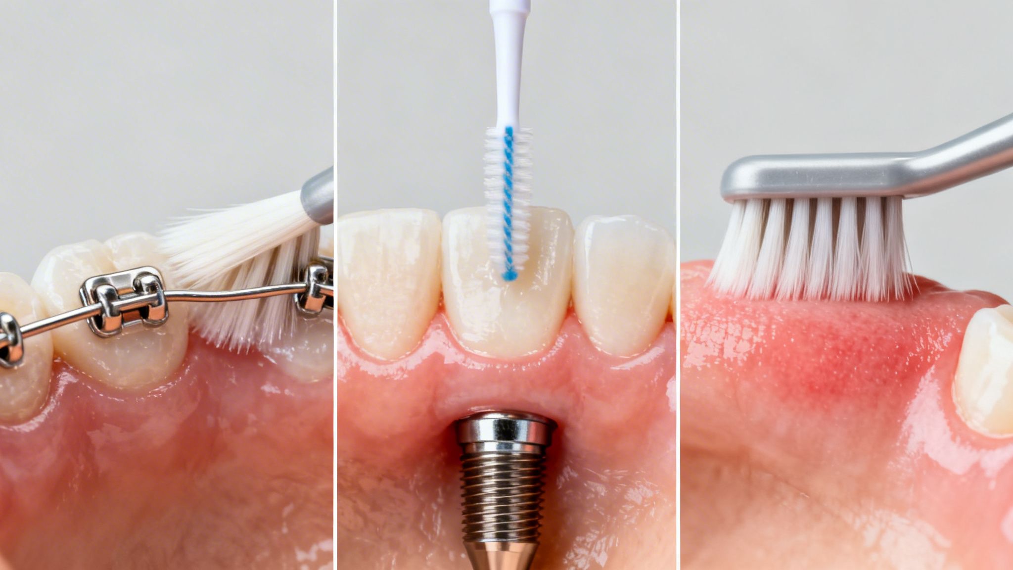 Various tooth brushing techniques demonstrated: brushing around braces, a dental implant, and gum line.
