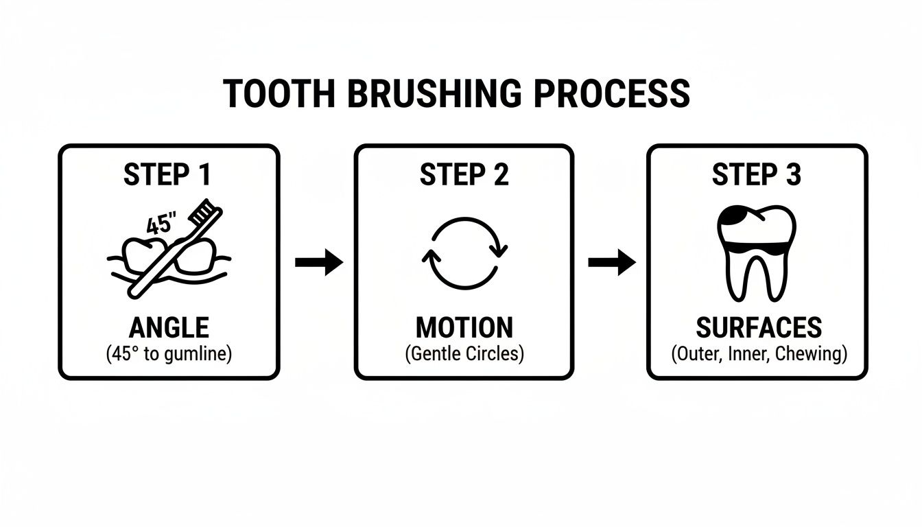 Infographic demonstrating the three-step tooth brushing process: angle, motion, and surfaces for proper dental hygiene.