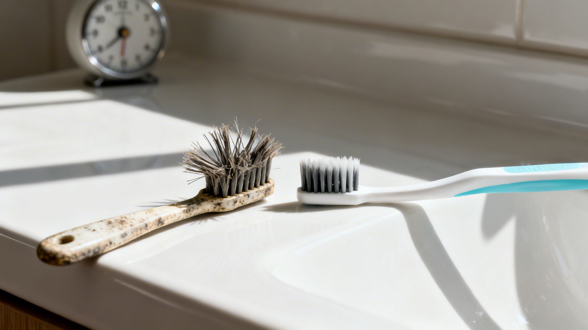 A stark comparison of an old, dirty toothbrush next to a new, clean one on a bathroom counter.