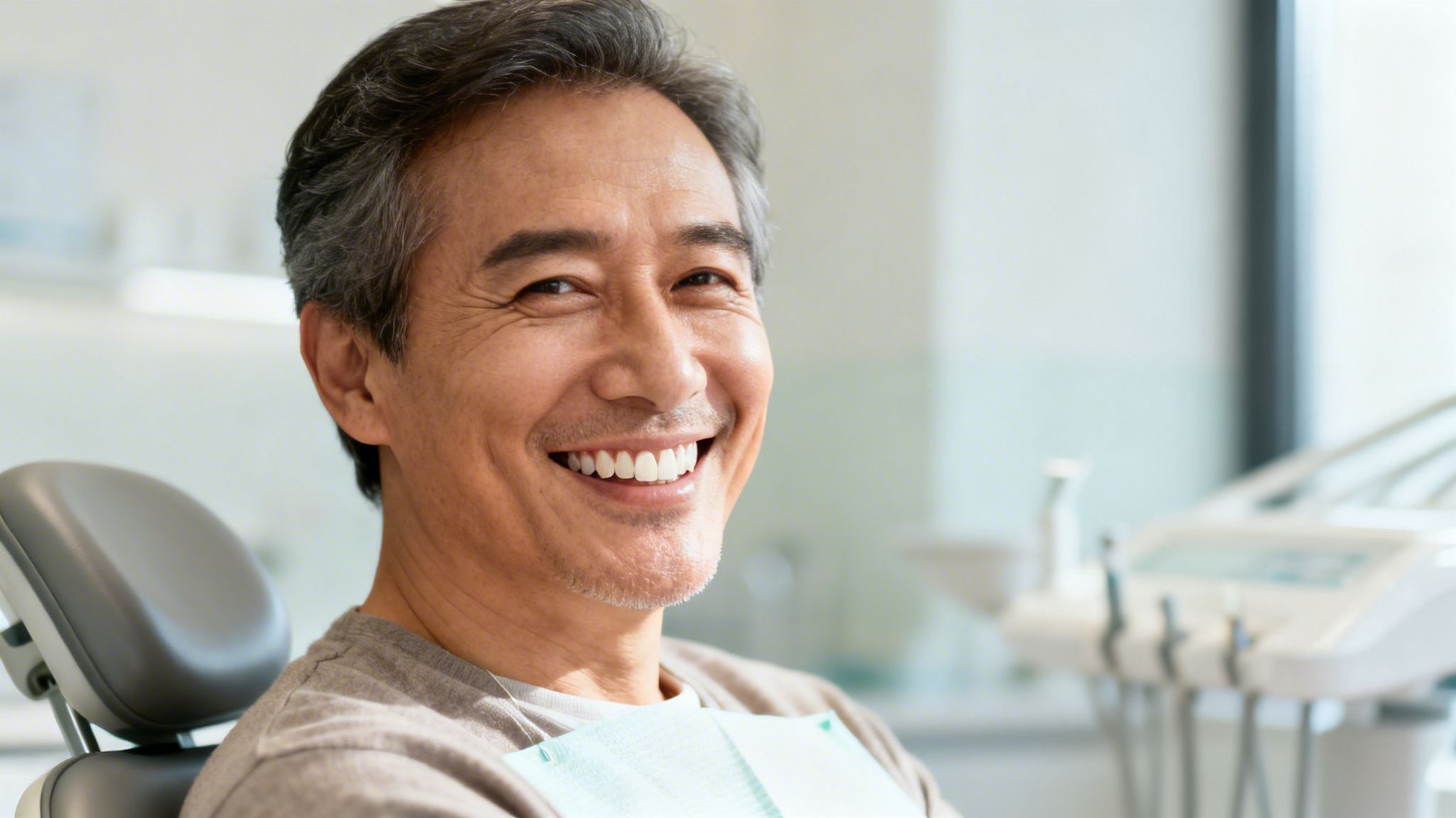 A happy middle-aged man with bright, healthy teeth smiles in a dental chair.