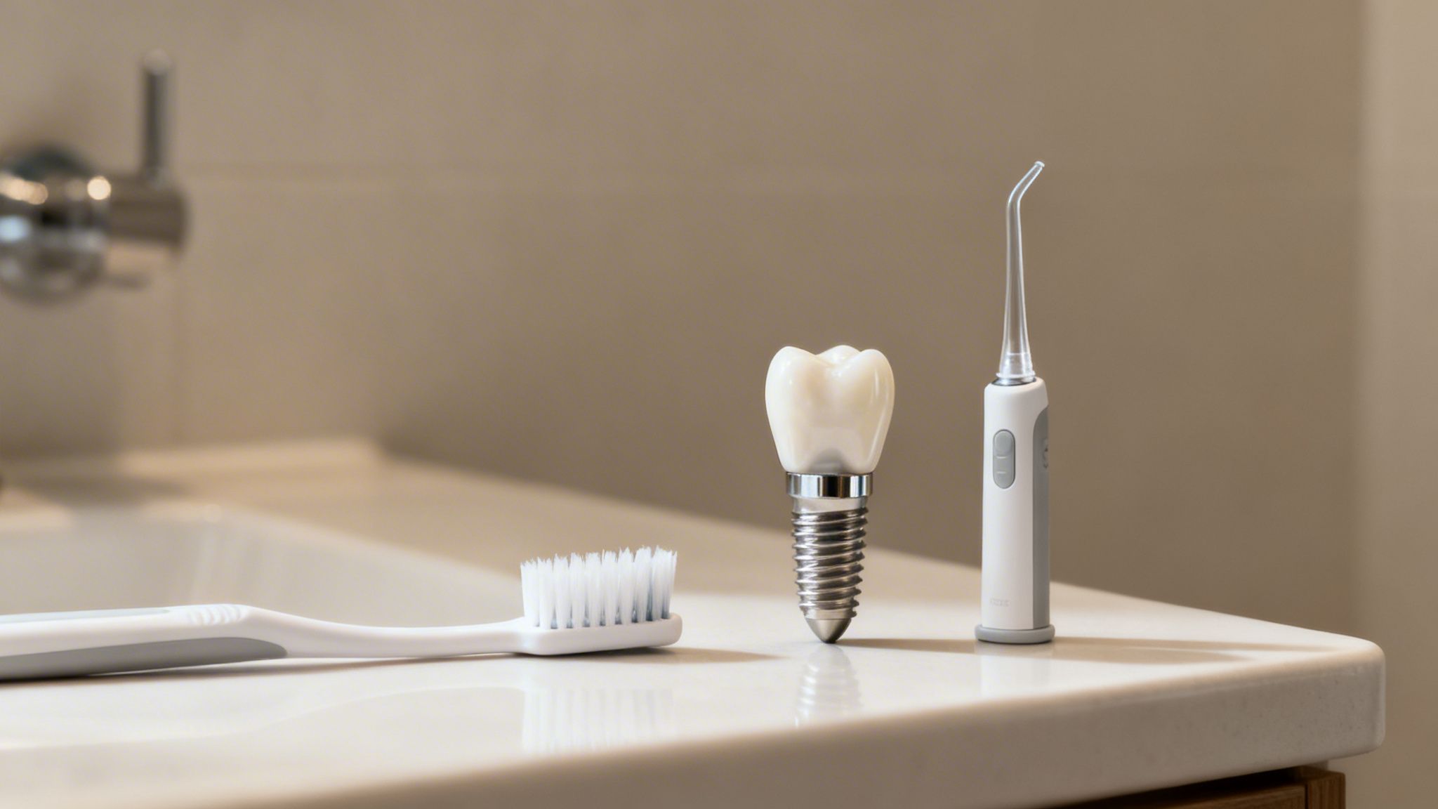 A toothbrush, a dental implant model, and a water flosser on a bathroom counter.