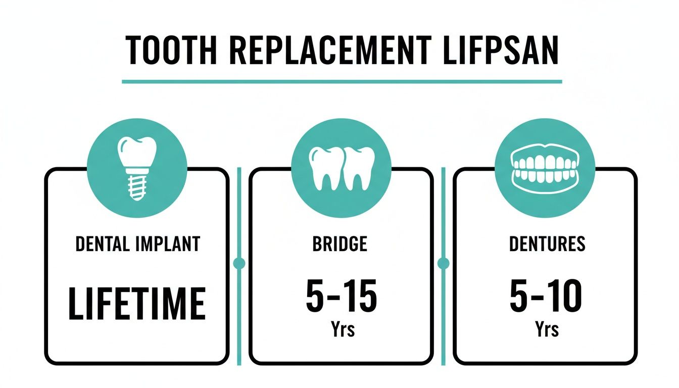 Infographic showing the lifespan of dental implants (lifetime), bridges (5-15 years), and dentures (5-10 years).