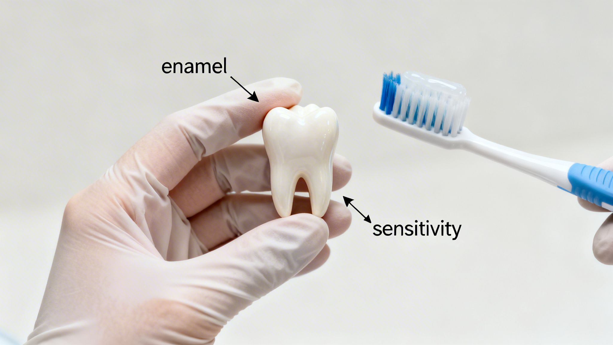 Gloved hands hold a tooth model and a toothbrush, highlighting enamel and sensitivity concepts.