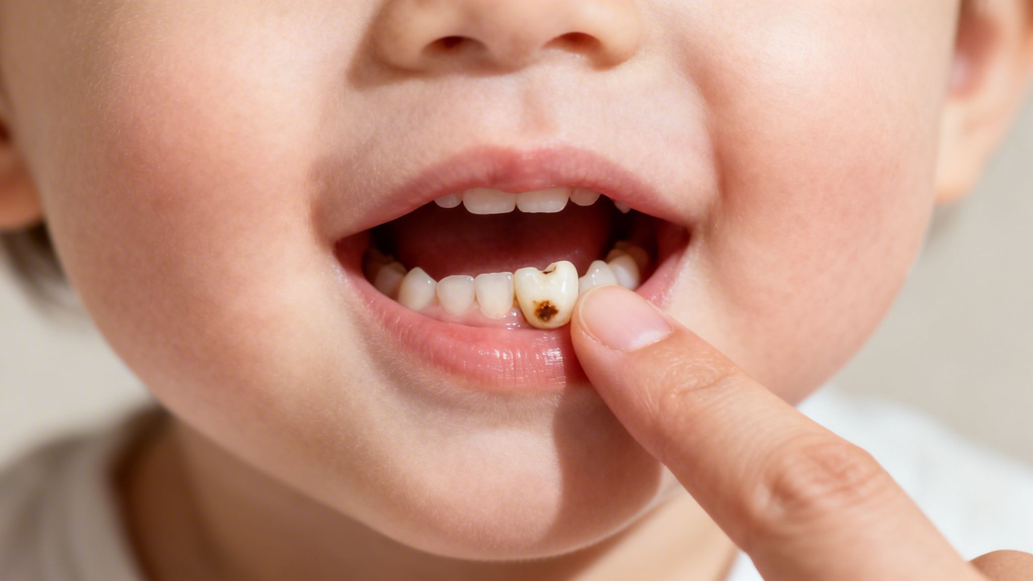 A child's open mouth showing a decayed tooth being pointed at by a finger.