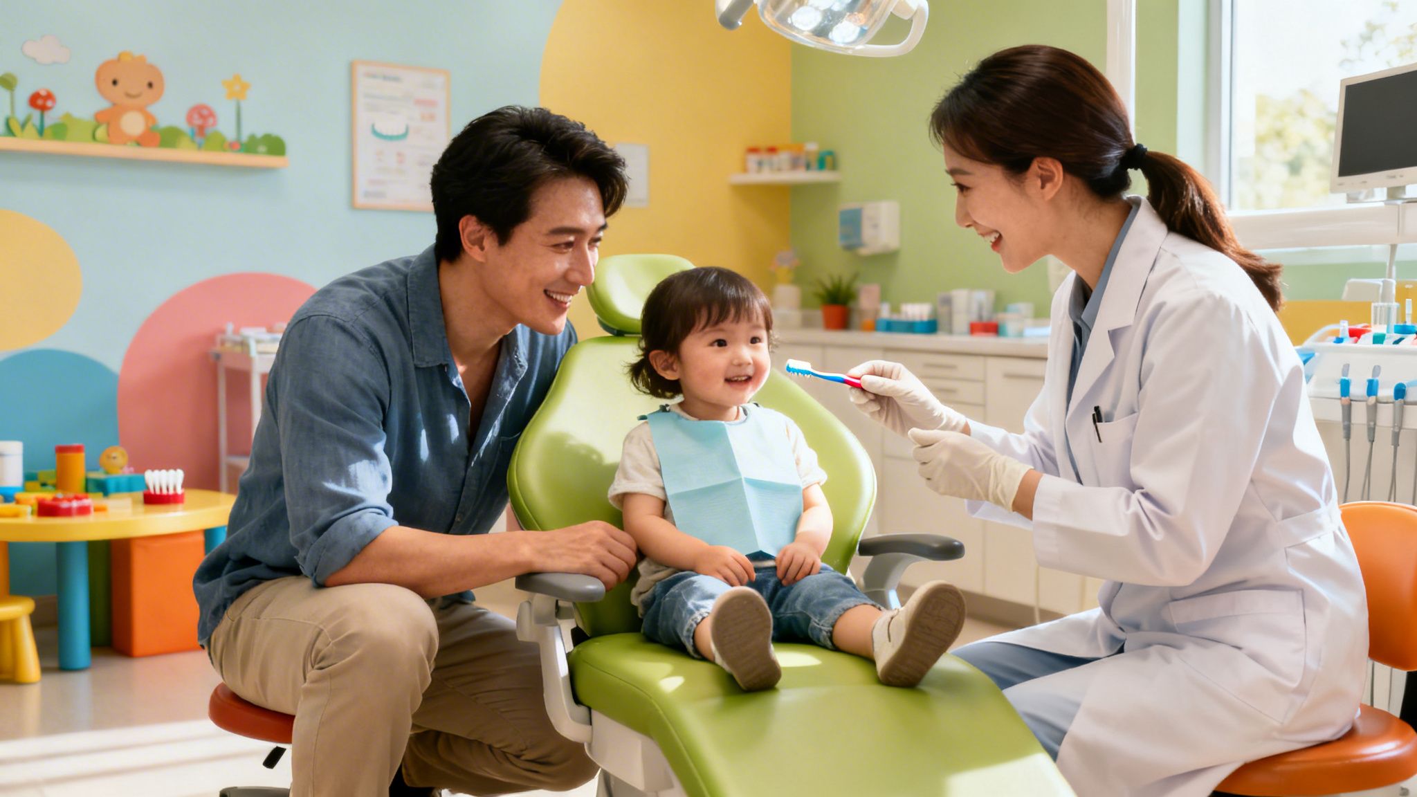 A smiling dentist showing a toothbrush to a happy toddler sitting with her father in a colorful dental office.
