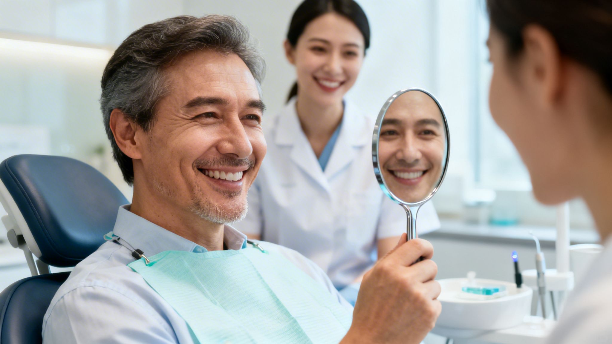 A dentist wearing a mask and holding a dental tool examines a female patient in a dental chair.