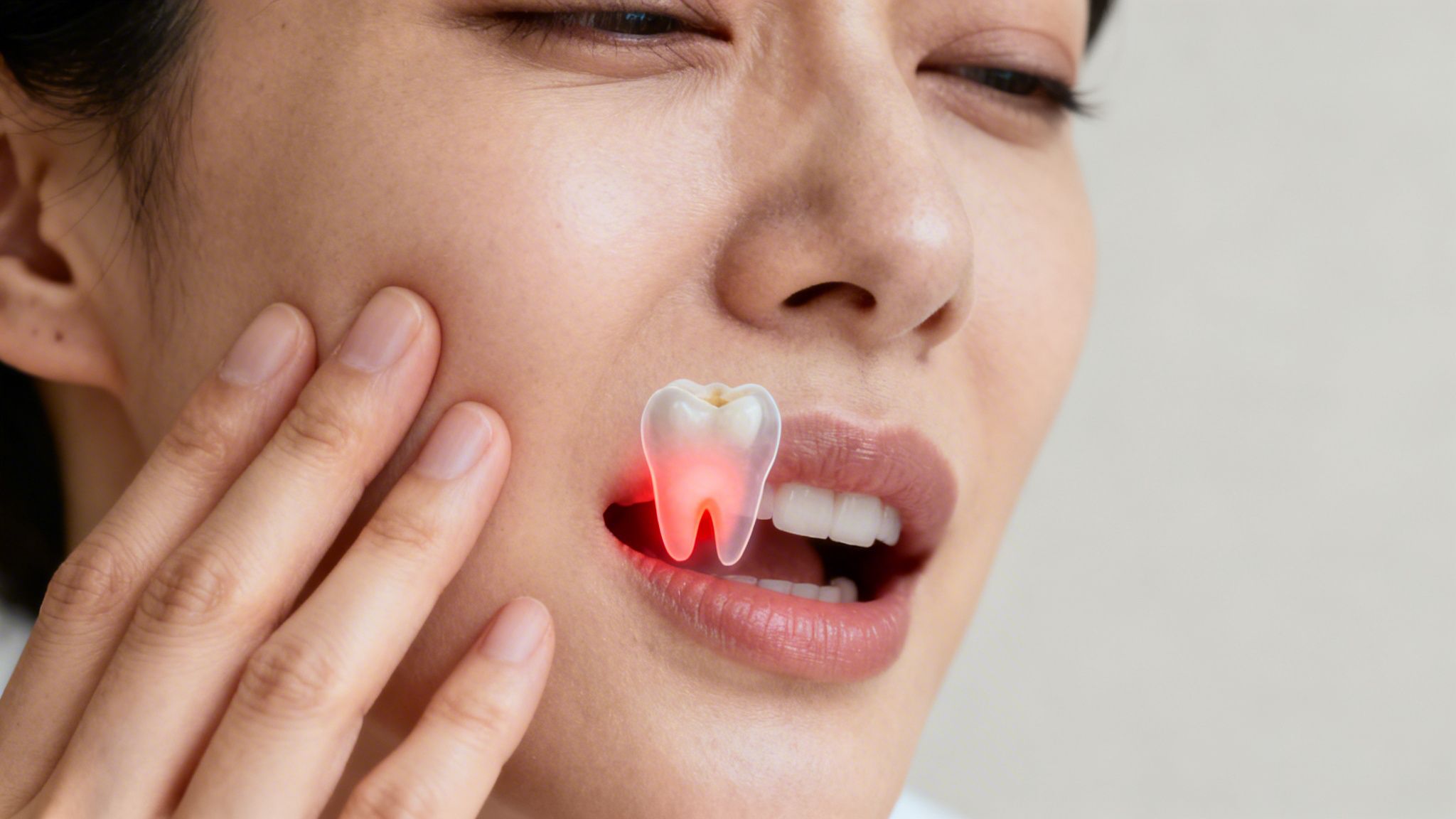 A woman grimacing from toothache, touching her jaw, with a glowing red tooth graphic indicating pain.