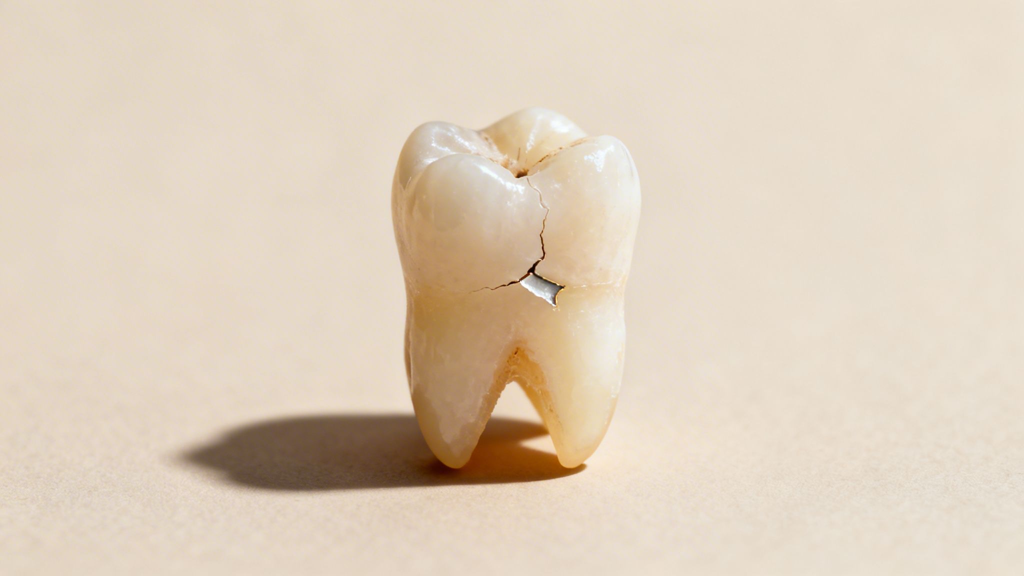 A single discolored tooth with a prominent crack, standing upright on a light beige background.