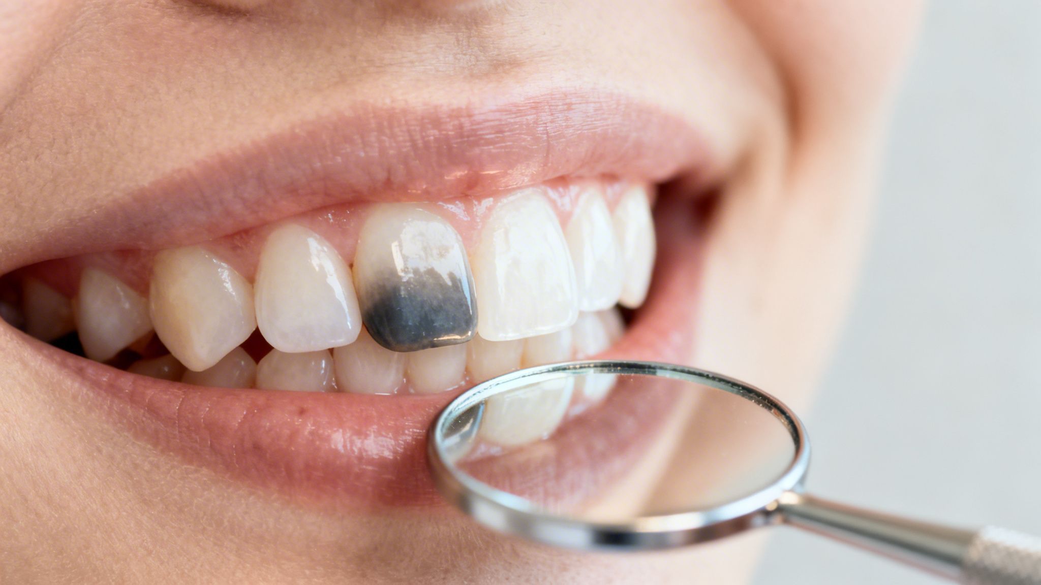 Close-up of a person's mouth with a dark, discolored front tooth during a dental examination.
