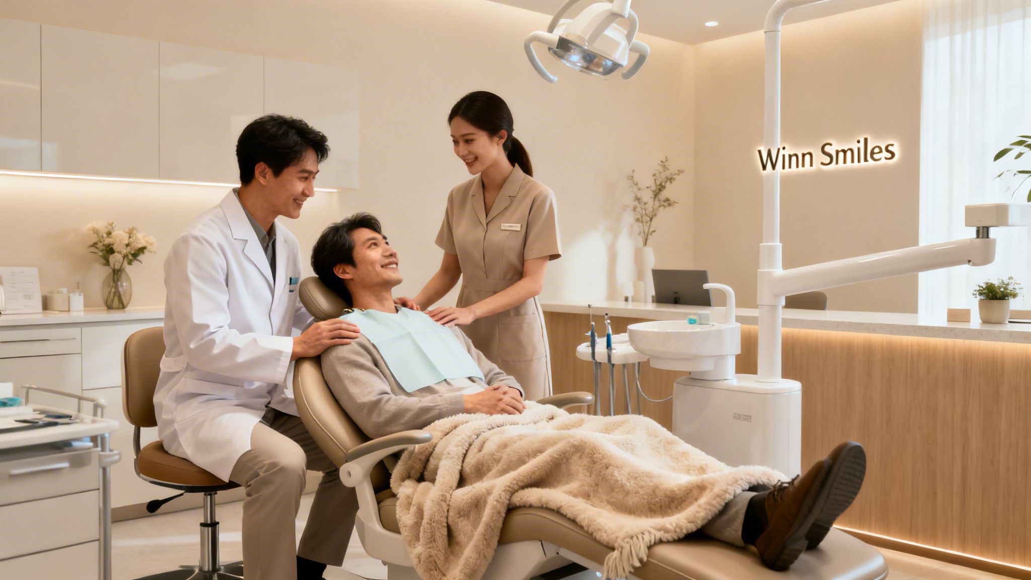 Smiling patient in a modern dental clinic with a friendly dentist and assistant.