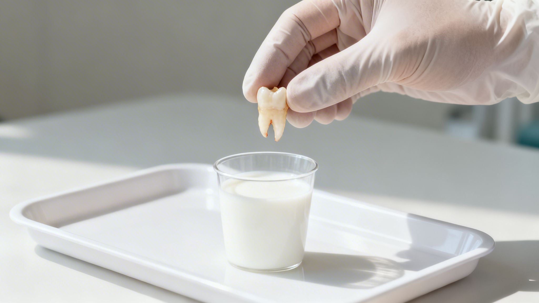 A gloved hand holds an extracted tooth over a glass of milk on a white dental tray.