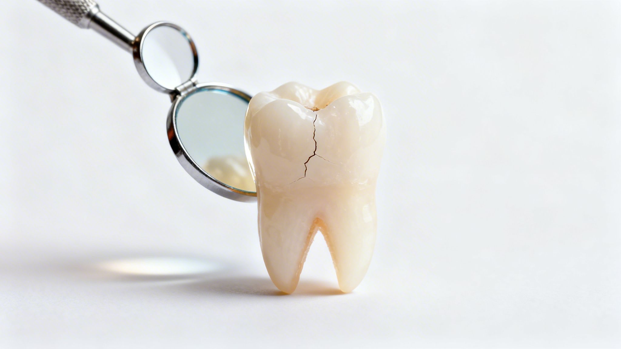 A cracked molar tooth stands next to a dental mirror on a white background.