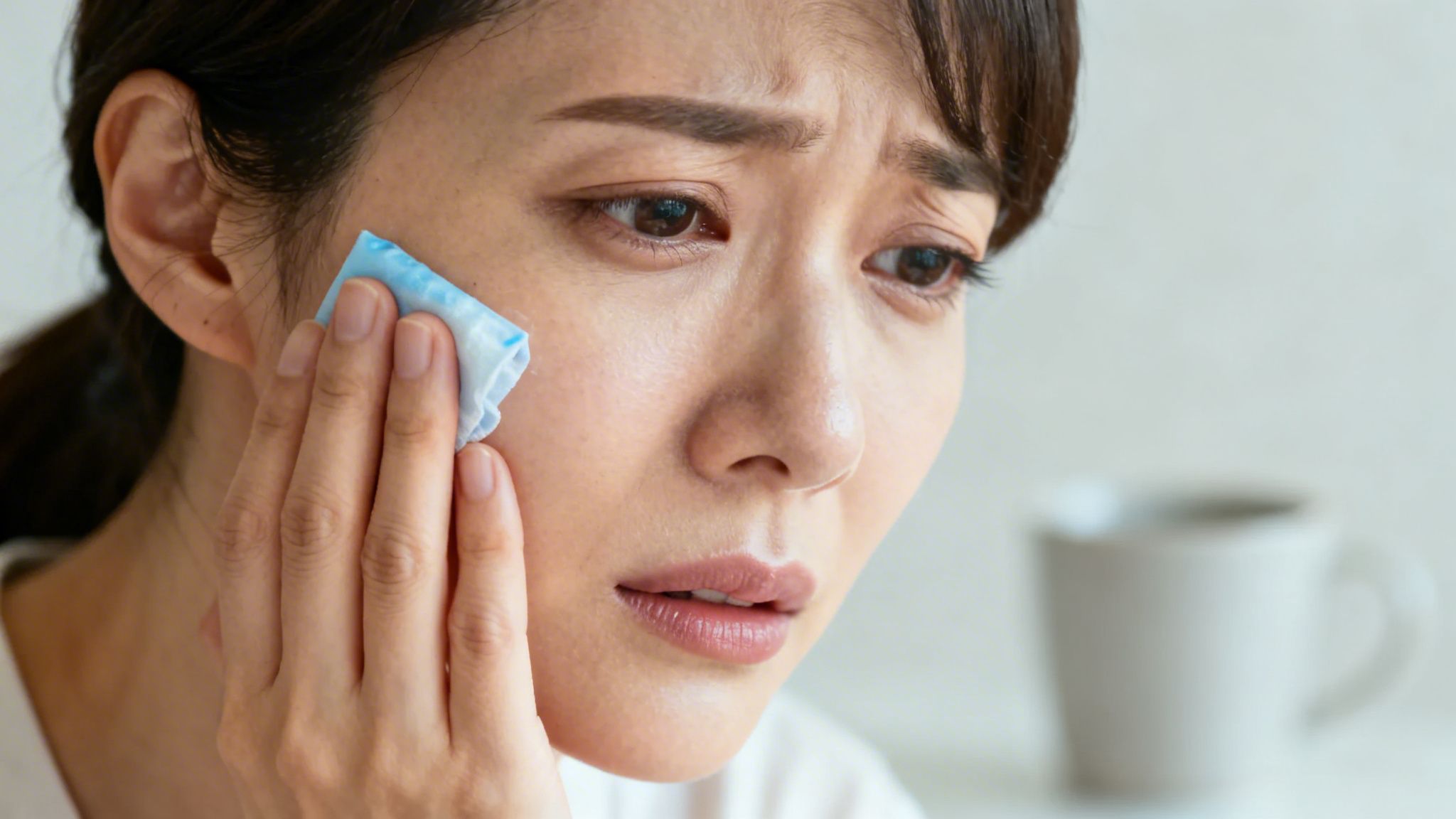A woman with a pained expression applying a cold compress to her cheek for relief.